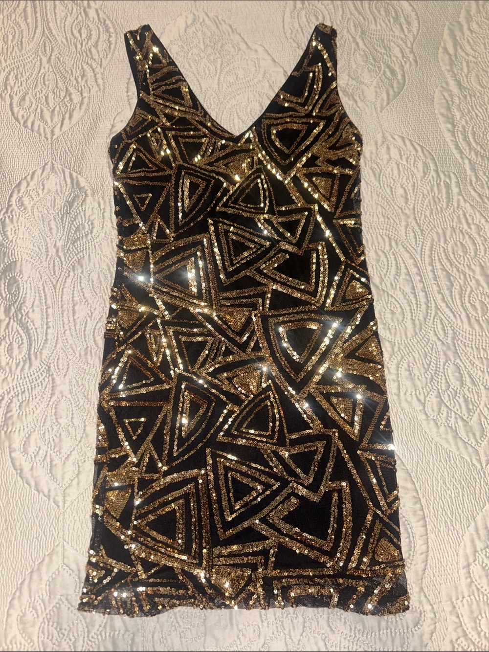 Forever 21 Black Mini Dress with Gold Sequin Geometric Pattern